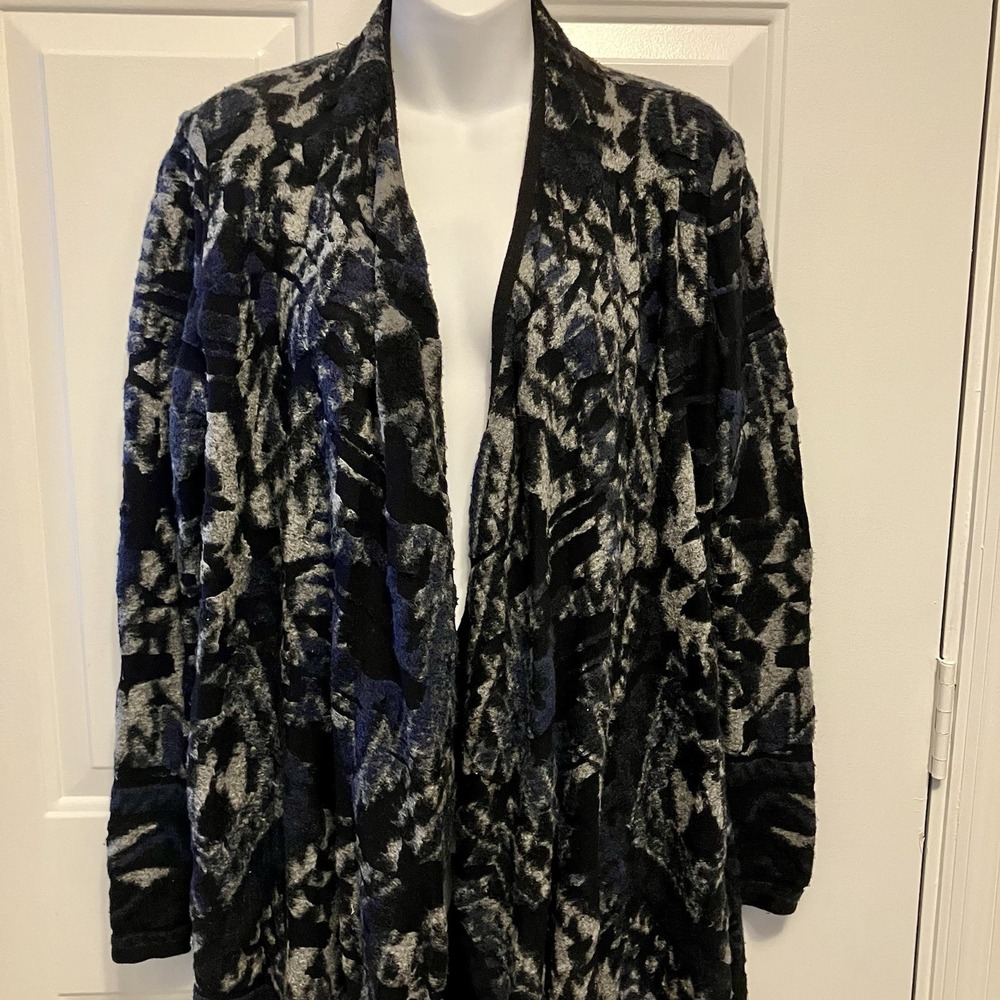 Lucky Brand Women's Sweater Small Blue Black Gray Boho Cardigan Open Front